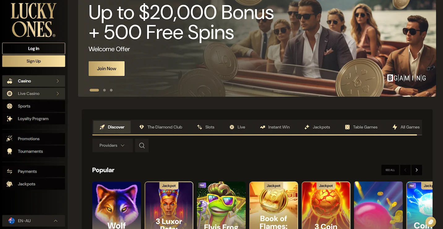 LuckyOnes casino frontpage showing welcome bonus offer, recomended online pokies and main site navigation